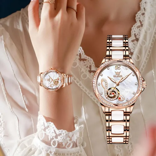 Miniatura 4 de OLEVS Relojes para mujer, de cuerda automática, oro rosa, diamante, reloj de pulsera mecánico automático, acero inoxidable, dos tonos, pulsera
