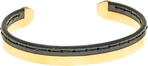 Miniatura 4 de Metro Jewelry Brazalete abierto de acero inoxidable dorado y cuero genuino cosido para hombre, 0.394 in, 8.5 pulgadas de largo, Metal, No es una