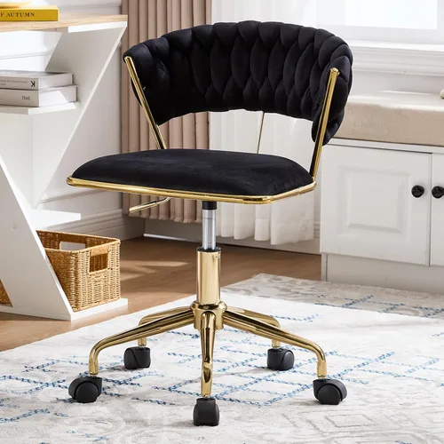NIOIIKIT Silla de oficina en casa, silla tapizada de terciopelo con respaldo abierto tejido, silla de escritorio giratoria de 360° con ruedas, silla