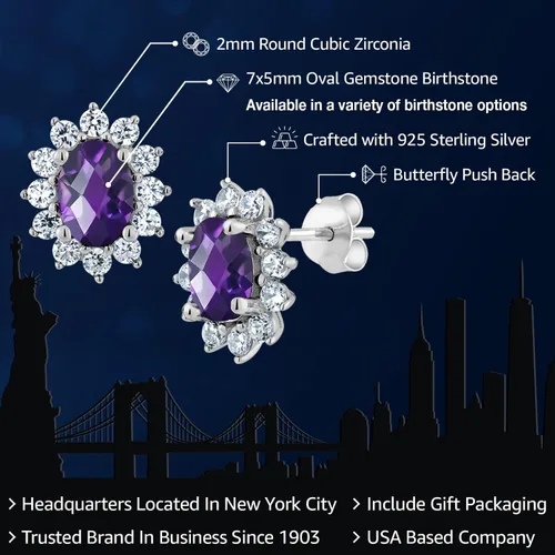 Miniatura 205 de Gem Stone King Aretes ovalados de plata de ley 925 de 0.276 x 0.197 in con piedra natal de la princesa Diana, estilo halo real para mujeres