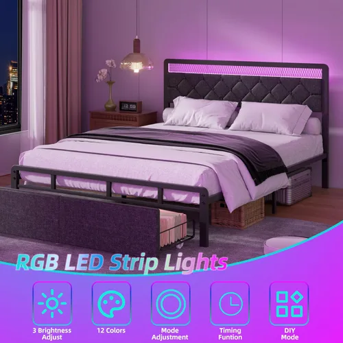 Miniatura 4 de Nuturelly Base de cama Queen con cajones de almacenamiento y cabecera LED inteligente, cama de plataforma tapizada con soporte de metal sin ruido