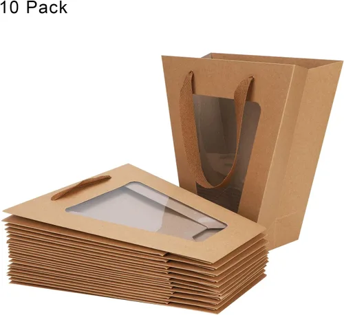 Miniatura 6 de Paquete de 10 bolsas de regalo con asas y ventana transparente, bolsas de papel kraft trapezoidales, bolsas de envoltura de ramo de flores, bolsas