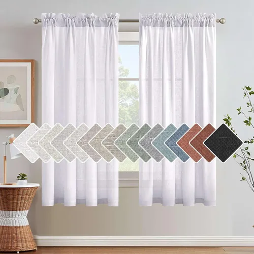 Cortinas de Ventana Color Hueso con Paneles de Lino Texturizado para Ventanas Pequeñas / Cocina / Sala de Estar / Dormitorio, Bolsillo para Barra,