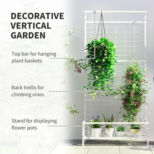 Miniatura 3 de Outsunny Soporte alto para plantas con enrejado y barra para colgar, soporte de metal para plantas trepadoras, flores, uso en interiores y Blanco