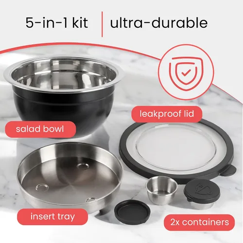 Miniatura 2 de Kit de Ensaladera de Acero Inoxidable de 64 oz y Juego de Cubiertos de Bambú de 3 Piezas con 2 Recipientes para Condimentos, Bandeja Insertable