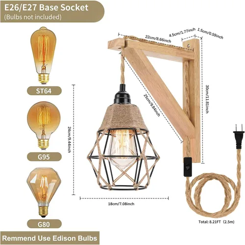 Miniatura 4 de Frideko - Juego de dos apliques de pared de madera enchufables, lámpara de pared rústica con cable de enchufe, accesorios de luz de pared
