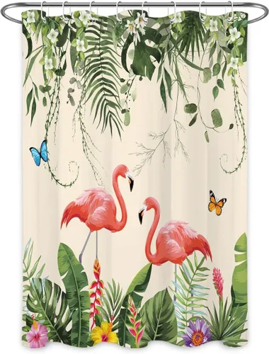 Miniatura 2 de EOBTAIN Cortina de ducha de hojas de plantas tropicales para baño, flamenco rosa y mariposa azul con hojas de palma en beige, cortina de ducha con 8