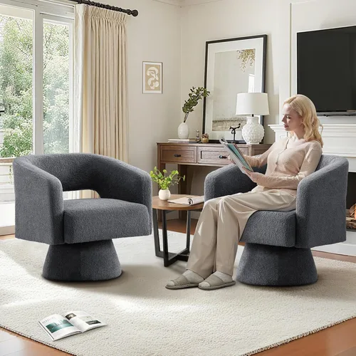 Miniatura 23 de ClinQ Silla giratoria de barril acento, juego de sillas redondas tapizadas de teddy extragrandes, silla de tocador moderna de lujo de 360°