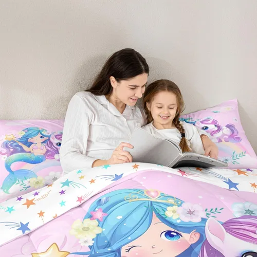 Miniatura 6 de Erosebridal Edredón de sirena azul para niñas, ropa de cama de unicornio lindo de 3 piezas para niños, juegos de ropa de cama y colecciones