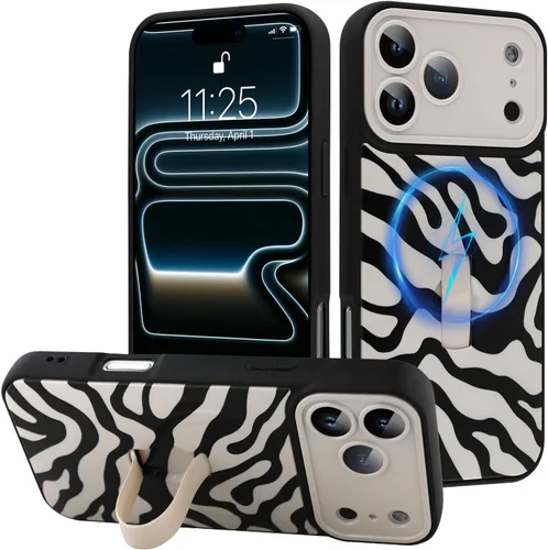 Miniatura 136 de Funda diseñada para iPhone 17 Pro Max con soporte plegable y correa para dedos, bonito patrón de lazo de corazón de flor rosa para mujeres y niñas