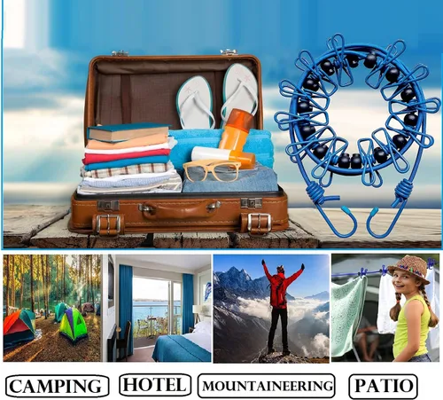 Miniatura 5 de 1 paquete de tendedero portátil con 12 pinzas para la ropa, tendedero de viaje elástico, retráctil, línea de ropa elástica para patio trasero, hotel