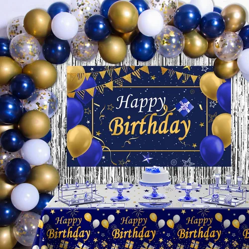 Decoraciones de cumpleaños azules y doradas para hombres y mujeres, decoraciones de feliz cumpleaños para niños y niñas, decoración de fiesta, telón