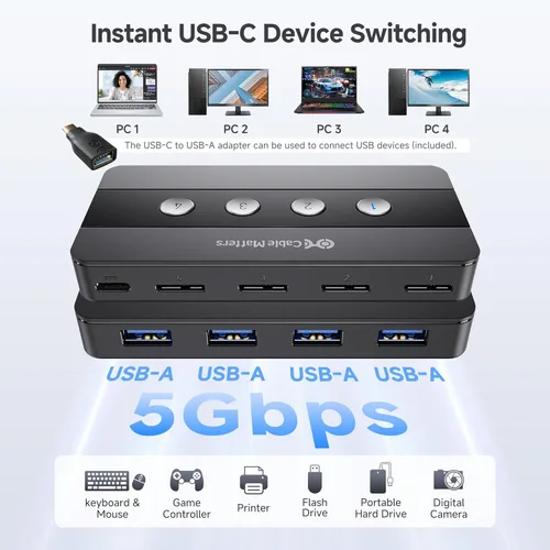 Miniatura 2 de Cable Matters Interruptor USB 3.0 de 4 puertos para compartir 4 computadoras y periféricos USBA incluyendo teclado, mouse y disco duro, con un