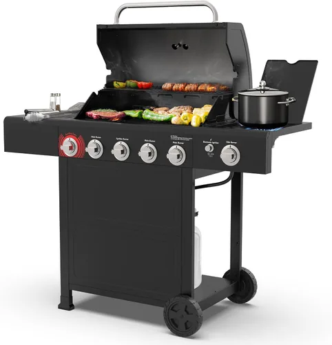 Kenmore Parrilla de gas propano para barbacoa, 5 quemadores con quemador lateral y zona de sellado, parrilla de acero inoxidable de 644 pulgadas