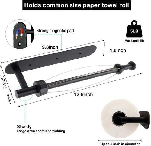 Miniatura 6 de KIHOGEM Soporte Magnético para Toallas de Papel, Soporte para Toallas de Papel Operable con Una Mano, Montaje en Pared, Autoadhesivo y Soporte Negro
