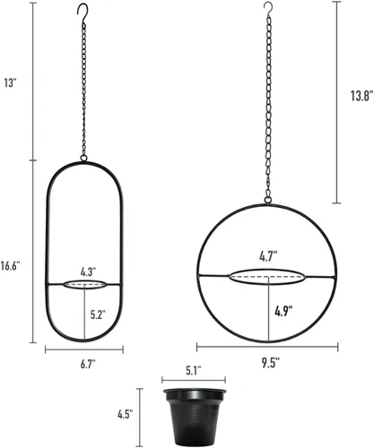 Miniatura 3 de Juego de 2 macetas colgantes modernas de metal, colgantes geométricos redondos y ovalados con macetas de 5 pulgadas, soportes negros para pared
