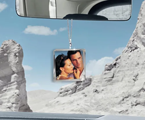 Miniatura 2 de Adorno colgante de cristal diáfano personalizado para espejo retrovisor de automóvil con foto, adorno personalizado para automóvil, decoración