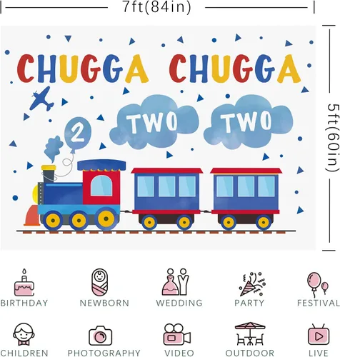 Miniatura 6 de Telón de fondo de feliz segundo cumpleaños de 7 x 5 pies, tren azul y rojo para niño, Chugga Chugga, dos dos nubes, plano de fotografía, fondo