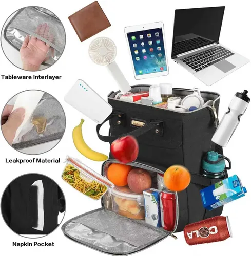 Miniatura 2 de Mochila Bolsa de Almuerzo, Mochila Refrigeradora Aislada Caja de Almuerzo Mochila para Laptop con Puerto USB para Mujeres y Hombres, Negro, Mochilas