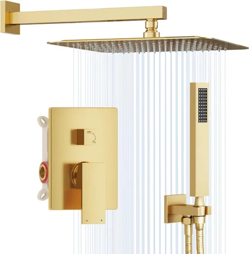 Gabrylly Sistema de ducha dorado, cabezal de ducha de lluvia de acero inoxidable de 10 pulgadas de alta presión con combo de rociador de mano, juego