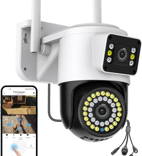 Cámara de seguridad WiFi para exterior de doble lente, vigilancia Pan/Tilt de 4MP, seguimiento y detección humana, visión nocturna a color, vista de