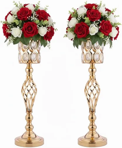 Jarrones de cristal para centros de mesa de boda, juego de 2 jarrones dorados de metal, versátiles soportes para flores de 24 pulgadas de alto,