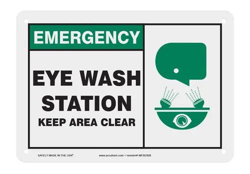 Accuform Signs MFSD928VP Señal de seguridad de plástico, leyenda "EMERGENCY EYE WASH STATION KEEP AREA CLEAR" con gráfico, 7" de longitud x 10" de