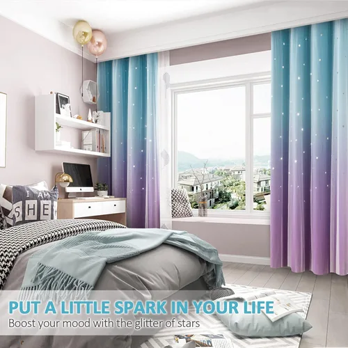 Miniatura 6 de Stiio Cortinas con Recortes de Estrella para Dormitorio de Niñas, 2 Paneles, Cortinas Opacas 2 en 1 que Bloquean la Luz con Cortinas de Ventana Azul