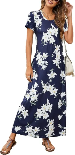 Hount Vestido largo de verano de manga corta para mujer, estilo casual, 2025, holgado, para playa, vestido tipo camiseta con bolsillos