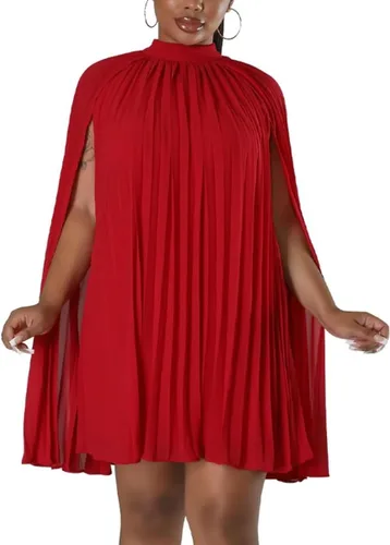 Miniatura 4 de Aro Lora Vestido corto de gasa para mujer, estilo casual, elegante, cuello alto, plisado, holgado, acampanado