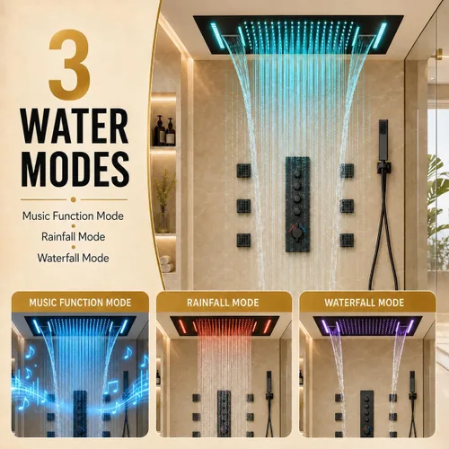 Miniatura 4 de MONDAWE Sistema de chorros de ducha termostáticos de cuerpo completo de 23 pulgadas, 64 colores LED con música, cascada de lluvia, sistema