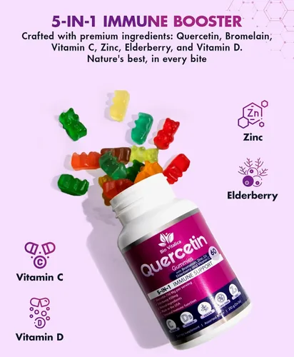 Miniatura 3 de BioVitalica - Gomitas de quercetina con bromelina, vitamina C y zinc y saúco + vitamina D3-5 en 1 apoyo inmunológico - Quercetina de zinc 750 mg