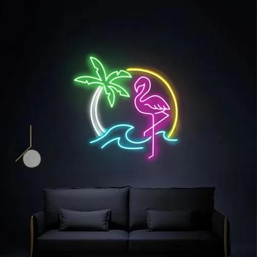 Miniatura 4 de Letrero de neón con diseño de flamenco y puesta de sol de 16 pulgadas para decoración de pared, flamenco rosa para fiesta, hogar, vacaciones, bar