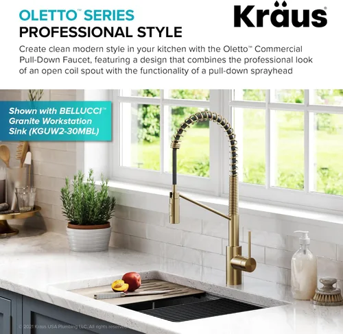 Miniatura 2 de KRAUS Oletto - Grifo de cocina de un solo mango extraíble de estilo comercial con ensamble de montaje superior QuickDock en bronce champán antiguo