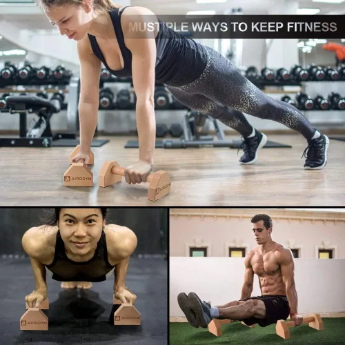 Miniatura 7 de Soporte de flexión, 2 barras de madera para flexiones, base antideslizante, equipo de entrenamiento en casa, 11.8 pulgadas, mango de paraletas