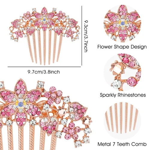 Miniatura 5 de inSowni Paquete de 4 piezas de diamantes de imitación de cristal de metal dorado con purpurina de lujo, peines laterales con dientes largos, moño