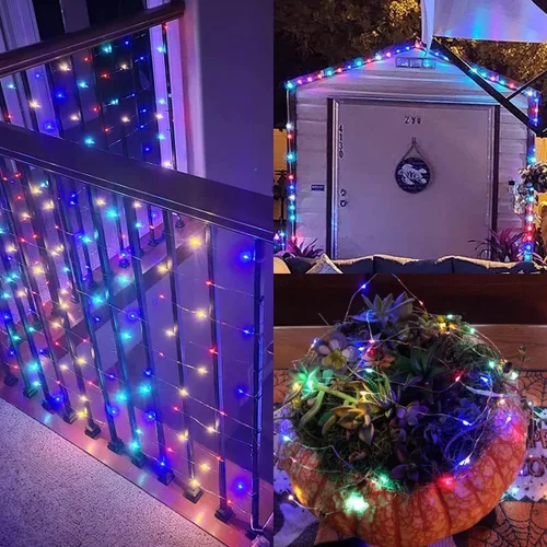 Miniatura 6 de QITONG Luces solares de Navidad multicolor para exteriores, paquete de 2 unidades de 200 luces LED solares de 66 pies cada uno, alambre plateado