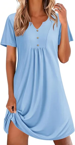 Miniatura 13 de Ekouaer Camisones para mujer de algodón Vestidos de noche Plisados Camisones Henley Cuello en V Camisas de dormir de manga corta Ropa de dormir