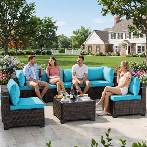 Miniatura 15 de LEVELEVE Juego de muebles de patio al aire libre, sofá seccional de conversación de ratán de tejido manual con mesa de centro de vidrio templado