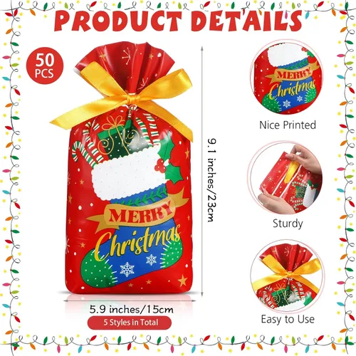 Miniatura 2 de Funrous 50 bolsas de Navidad con cordón, bolsas de regalo de plástico con cordón para Navidad, bolsas de dulces de Navidad para fiesta