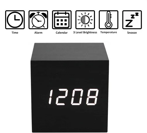 Miniatura 3 de ThreeH Reloj despertador digital de madera, reloj pequeño con pantalla LED de calendario de temperatura, control de sonido, modo de repetición