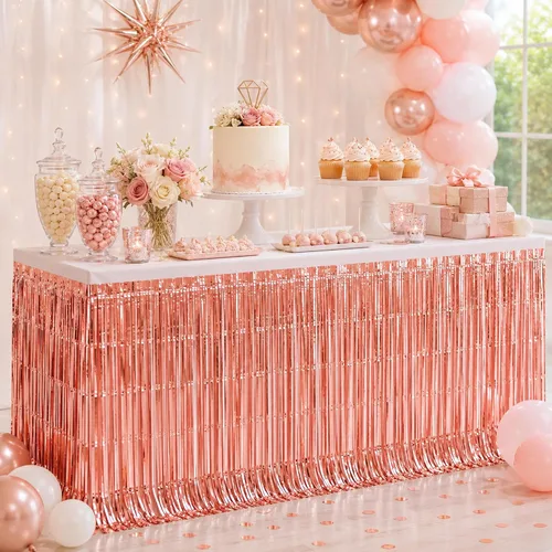 Miniatura 18 de Faldas de mesa de oropel de papel metálico con flecos para mesas rectangulares, cortinas de serpentina, telón de fondo para cumpleaños, boda