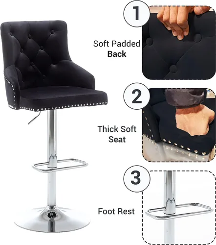 Miniatura 4 de BTEXPERT - Taburete de comedor tapizado de 25 a 33 pulgadas con respaldo alto, taburete de barra con cabeza de clavo copetudo negro (1)