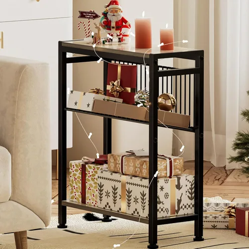 Miniatura 9 de Mesa auxiliar pequeña para espacios pequeños, mesa auxiliar estrecha de 3 niveles con portarevistas, mesita de noche delgada, mesa delgada para Gris