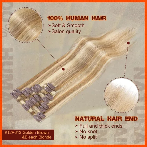Miniatura 2 de Benehair Extensiones de cabello humano con clip, balayage, mezcla de castaño dorado con mechas rubio decolorado, extensiones de cabello