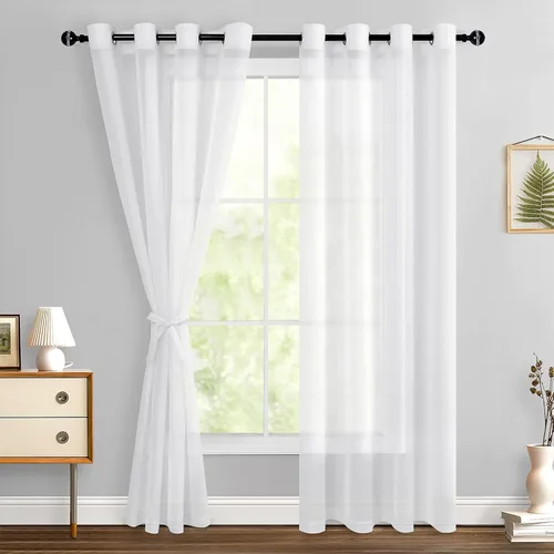 Miniatura 133 de Hiasan - Cortinas traslúcidas de gasa cortas semitransparentes con ojales y alzapaños filtrantes de luz para ventana, dormitorio, baño, 2 paneles