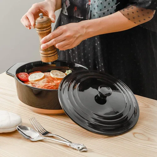 Miniatura 2 de HVH Cacerola de cerámica con tapa, apta para horno, juego de cacerola redonda de 2 cuartos de galón, platos para hornear profundos para horno