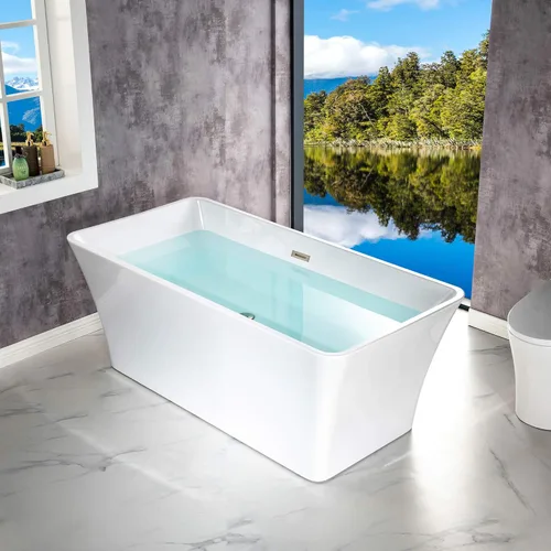 Miniatura 13 de WOODBRIDGE BTA1509 - Bañera independiente de acrílico de 59 pulgadas, bañera blanca de remojo contemporáneo con desbordamiento y drenaje de níquel