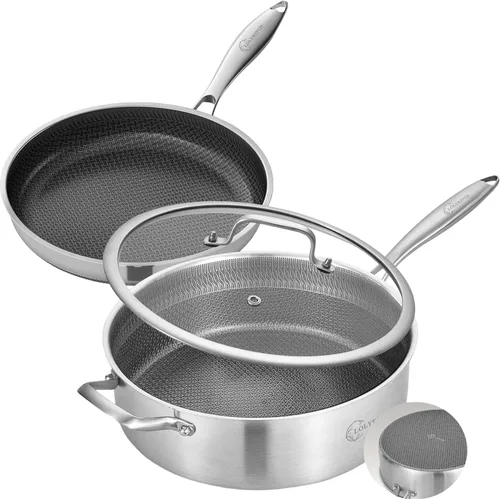 Miniatura 10 de LOLYKITCH Sartén Salteadora Híbrida Antiadherente Tri-Capa de Acero Inoxidable de 6 Cuartos con Tapa, Sartén para Freír Profunda de 12 Pulgadas