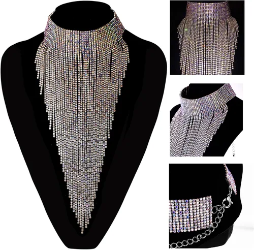 Miniatura 4 de Flyonce - Collar con diamantes de imitación para mujer, gargantilla con borla estilo pechera, joyería para fiesta formal